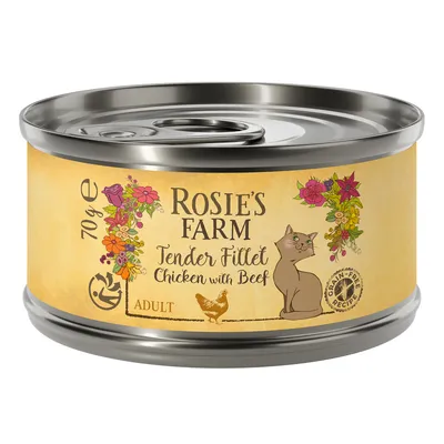 Rosie's Farm Tender Fillet Chicken with Beef, 70g Dose, Adult, getreidefreie Rezeptur. Illustration von Katze, Huhn und Blumen auf gelbem Hintergrund.
