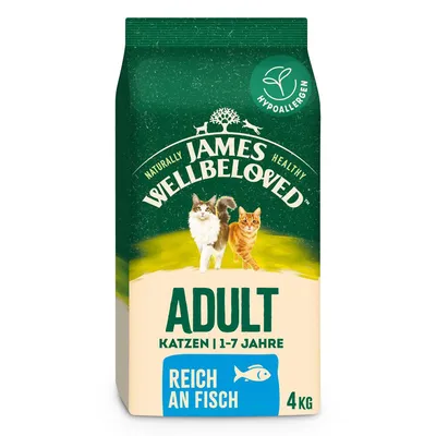 James Wellbeloved Adult Katzen 1–7 Jahre, reich an Fisch, hypoallergen, sac de 4 kg pour chats adultes. Texte en allemand sur l’emballage.