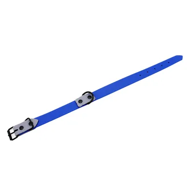 Blaues Halsband mit verstellbaren Löchern und schwarzer Metallschnalle, geeignet für verschiedene Grössen.