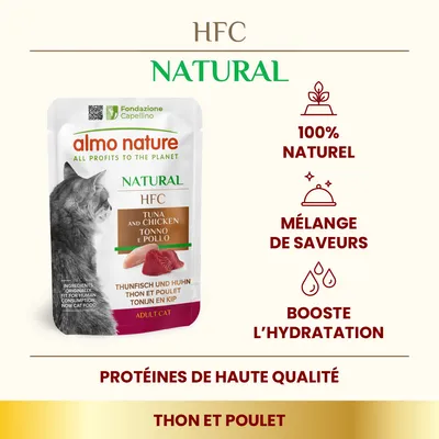 almo nature HFC Natural thon et poulet pour chat adulte, 100 % naturel, mélange de saveurs, booste l’hydratation, protéines de haute qualité, sachet avec image de chat