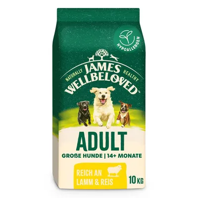 James Wellbeloved Adult храна за кучета за големи породи над 14 месеца, с агнешко и ориз, хипоалергенна, разфасовка 10 кг.