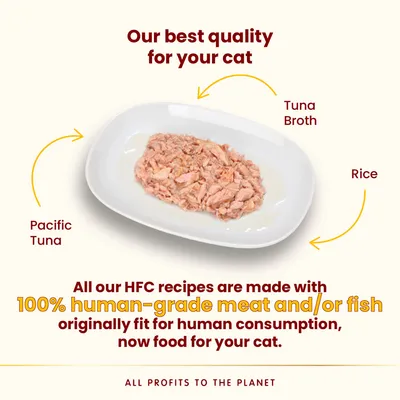 Plate showing Pacific tuna, rice and tuna broth. Text states HFC recipes use 100% human-grade meat or fish, originally fit for human consumption, now food for your cat.