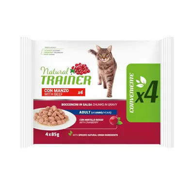 Natural Trainer comida para gatos, bocados en salsa con ternera y arándano rojo, para gatos adultos a partir de 1 año. Pack de 4x85g. Sin colorantes, conservantes ni aromas artificiales.