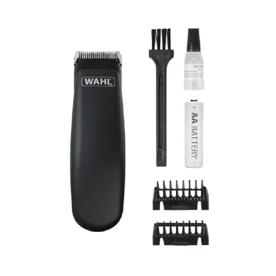 Wahl hair clipper with accessories: cleaning brush, oil bottle, AA battery and two attachments for different cutting lengths.