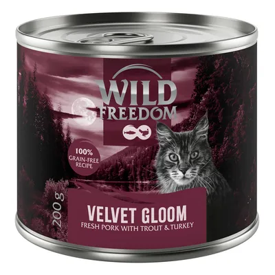 Wild Freedom Velvet Gloom, 200g konzerva. Receptúra s čerstvým bravčovým mäsom, pstruhom a moriakom. 100 % bez obilnín.
