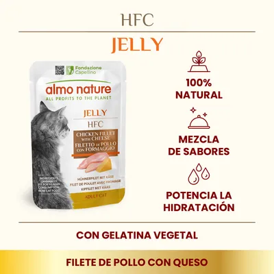almo nature HFC Jelly filete de pollo con queso para gatos adultos, 100% natural, mezcla de sabores, potencia la hidratación, con gelatina vegetal. Texto en inglés, italiano y alemán visible.