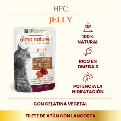 almo nature HFC Jelly filete de atún con langosta para gatos adultos, 100% natural, rico en omega 3, potencia la hidratación, con gelatina vegetal. Texto en inglés e italiano visible.