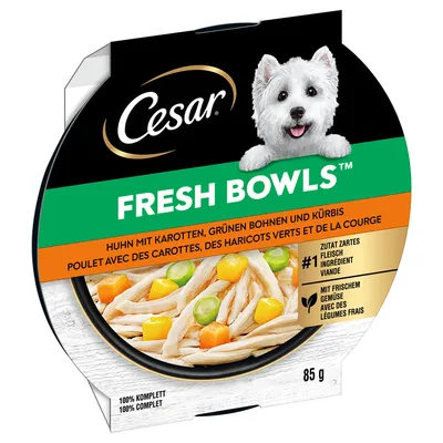 Cesar Fresh Bowls, курица с морковью, зелёной фасолью и тыквой. Нежное мясо, с свежими овощами. 100% полнорационный. Упаковка: 85 г.