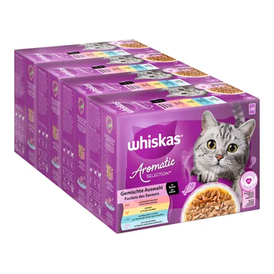 Lot de boîtes Whiskas Aromatic Selection Fusions des Saveurs, en sauce, avec visuel d’un chat gris et d’une assiette de nourriture. Texte multilingue sur l’emballage.