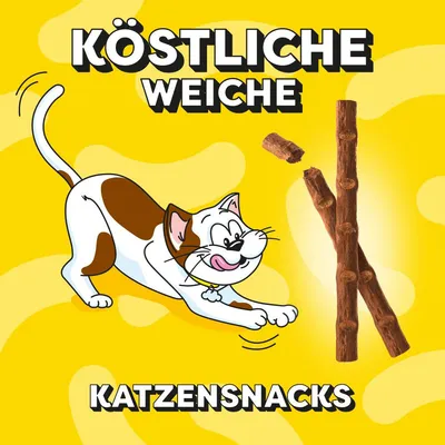 Köstliche weiche Katzensnacks, Illustration einer spielenden Katze und Snacksticks auf gelbem Hintergrund.