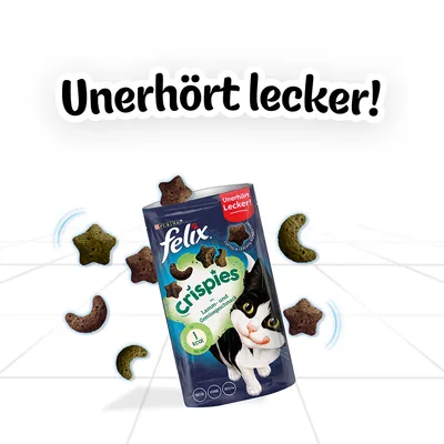 Felix Crispies mit Lamm- und Gemüseschmack, 1 kcal pro Stück. Verpackung zeigt schwarze Katze und Snackformen. Text: 'Unerhört lecker!'.