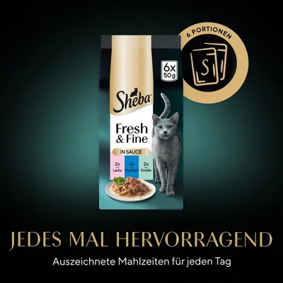Sheba Fresh & Fine in Sauce, 6 Portionen à 50g: 2x mit Lachs, 2x mit Thunfisch, 2x mit Forelle. Jedes Mal hervorragend – ausgezeichnete Mahlzeiten für jeden Tag.