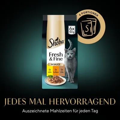 Sheba Fresh & Fine in Sauce, 6 Portionen à 50g: 2x mit Huhn, 2x mit Truthahn, 2x mit Ente. Ausgezeichnete Mahlzeiten für jeden Tag.
