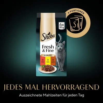Sheba Fresh & Fine in Sauce, 6 Portionen à 50g: 2x Rind, 2x Huhn, 2x Lamm. Jedes Mal hervorragend – ausgezeichnete Mahlzeiten für jeden Tag.