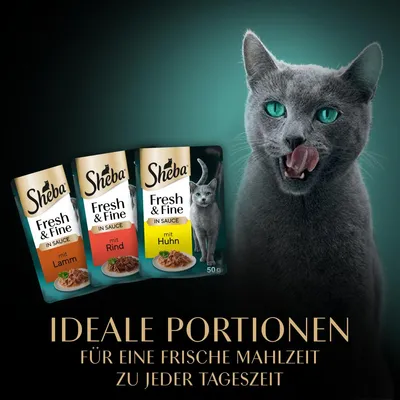 Sheba Fresh & Fine in Sauce mit Lamm, Rind und Huhn. Ideale Portionen für eine frische Mahlzeit zu jeder Tageszeit.
