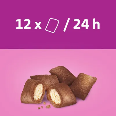 Produktabbildung: Gefüllte Snacks mit brauner Hülle und heller Füllung. Text: 12 x / 24 h.