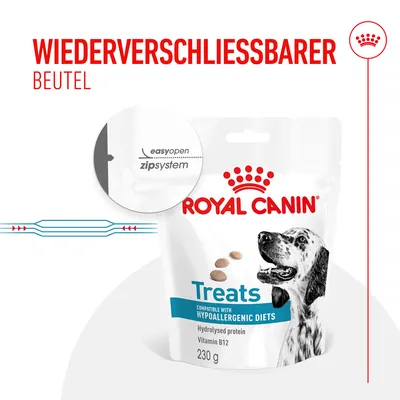 Royal Canin Treats, wiederverschliessbarer Beutel mit easyopen Zipsystem, kompatibel mit hypoallergenen Diäten, hydrolysiertes Protein, Vitamin B12, 230 g.