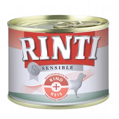 Scatoletta Rinti Sensible, testo visibile: 'Ausschliesslich mit Rind + Reis, exklusive Proteine', immagine di cane stilizzato sulla confezione.
