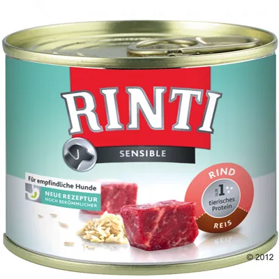 Scatoletta Rinti Sensible, visibili scritte: 'Rind', 'Reis', 'nur 1 tierisches Protein', 'Für empfindliche Hunde', 'Neue Rezeptur noch bekömmlicher'. Pezzi di carne e riso sull'etichetta.