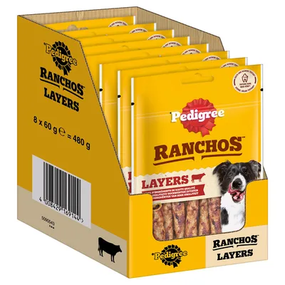Pedigree Ranchos Layers, 8 x 60 g = 480 g. Pasji priboljški z visokokakovostnimi sestavinami in govedino. Embalaža prikazuje izdelek in sliko psa.