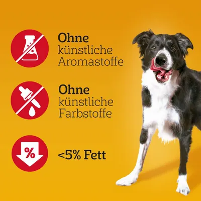 Ohne künstliche Aromastoffe, Ohne künstliche Farbstoffe, <5% Fett (texte en allemand) à côté d’un chien noir et blanc sur fond orange.