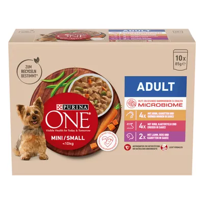 Purina ONE Mini/Small Adult <10kg, 10x85g. Con pollo, carote e fagiolini in salsa, manzo, patate e piselli in salsa, agnello, riso e carote in salsa. Destinato al riciclo.
