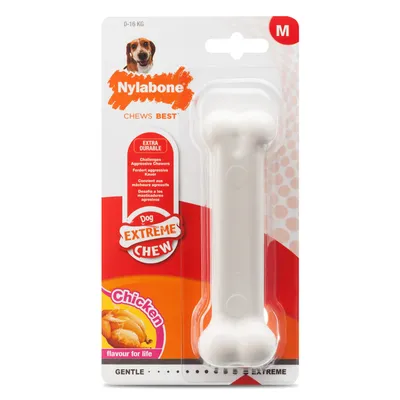 Nylabone Extreme Chew kość dla psa, rozmiar M, dla psów do 16 kg. Bardzo wytrzymała, smak kurczaka, odpowiednia dla silnie gryzących.