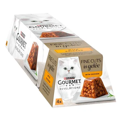 Gourmet Revelations Fine Cuts in Gelée with Chicken, 4 pack. Image shows product packaging and food served in jelly on a plate.