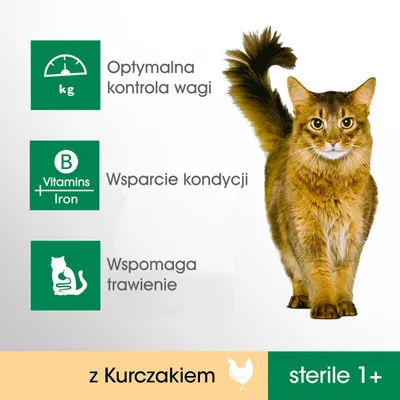 Optymalna kontrola wagi, wsparcie kondycji, wspomaga trawienie, z kurczakiem, sterile 1+. Widoczny kot oraz ikony i teksty opisujące zalety produktu.