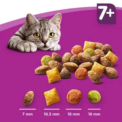 Különböző formájú száraztáp szemek macskáknak, méretek: 7 mm, 10,5 mm, 10 mm. Sarokban '7+' felirat látható, utalva a korosztályra.
