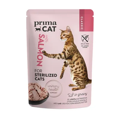 Prima Cat z łososiem, Classic. Dla kotów sterylizowanych, wspiera zdrowie dróg moczowych. Bez zbóż, bez dodatku cukru. W sosie.
