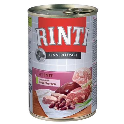 Conservă Rinti Kennerfleisch, text vizibil: mit Ente, mit ganzen Entenherzen. Imagine cu carne și inimi de rață pe ambalaj. Textul este în limba germană.