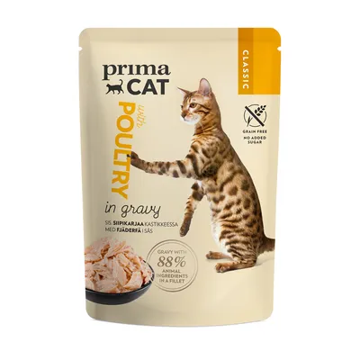 Prima Cat Classic z drobiem w sosie, bez zbóż, bez dodatku cukru, zawiera 88% składników pochodzenia zwierzęcego w formie filetów.