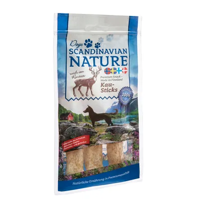 Dogs Scandinavian Nature chew sticks, rich in reindeer, premium snack from Finland, dried from free-range, grain and gluten free, natural nutrition in premium quality.
