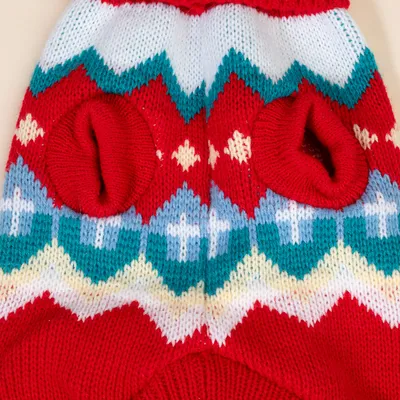Roter gestrickter Hundepullover mit buntem Zickzackmuster in Weiss, Blau und Grün sowie zwei Öffnungen für die Vorderbeine.