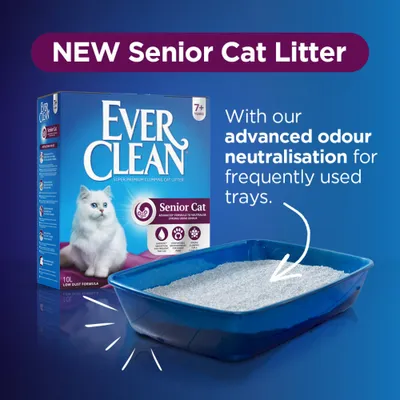 Ever Clean Senior Cat -kissanhiekka 7+ vuotta, 10 l. Teksti: NEW Senior Cat Litter, advanced odour neutralisation for frequently used trays. Kuvassa hiekkalaatikko ja pakkaus.