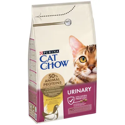 Purina Cat Chow Urinary, 50% proteine animali, ricco in pollo, con prebiotico naturale, senza coloranti o conservanti aggiunti. Immagine di un gatto sulla confezione.