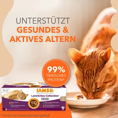 Texte en allemand : Unterstützt gesundes & aktives Altern. 99 % tierisches Protein*. IAMS Land & Sea Collection in Gravy, 48 x 85 g, pour chats de 7+ ans. Texte non traduit.