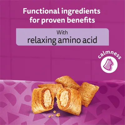 Functional ingredients for proven benefits with relaxing amino acid, calmness symbol shown, and treats displayed in foreground.