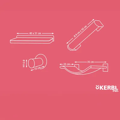 Schéma s rozměry: plocha 40×31 cm, válec ø9×15 cm, šikmý válec ø9×50 cm, závěsná plocha 33×35 cm. Značka KERBL Pet v pravém dolním rohu.