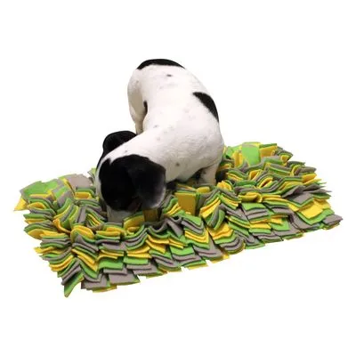 Hond met zwart-witte vacht snuffelt op een snuffelmat van stof in groen, geel en grijs. Mat met veel losse stroken zichtbaar.