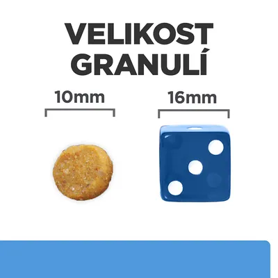 Porovnanie veľkosti granule 10 mm a modrej kocky 16 mm. Text: VELIKOST GRANULÍ, 10 mm, 16 mm. Text v češtine.