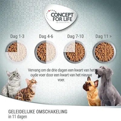 Concept for Life. Geleidelijke omschakeling in 11 dagen: vervang om de drie dagen een kwart van het oude voer door nieuw voer. Afbeelding met katten, honden en voerbakken per fase.