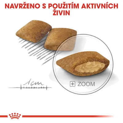 Granule s nápisem 'Navrženo s použitím aktivních živin', detail struktury a vnitřku, měřítko 1 cm.