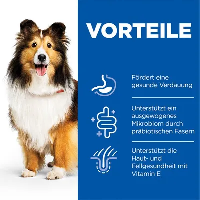 VORTEILE: Fördert eine gesunde Verdauung. Unterstützt ein ausgewogenes Mikrobiom durch präbiotische Fasern. Unterstützt die Haut- und Fellgesundheit mit Vitamin E.