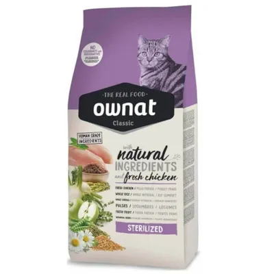 Ownat Classic aliment pour chats stérilisés, avec ingrédients naturels et poulet frais. Sans colorants ni conservateurs. Contient du riz complet, des légumineuses et des fruits frais.