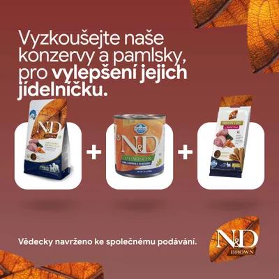 N&D Brown suché krmivo, N&D Pumpkin mokré krmivo a N&D Brown Coat Dental maškrta. Pre vylepšenie jedálnička. Vedecky vyvinuté na spoločné kŕmenie. N&D Brown suché krmivo, N&D Pumpkin mokré krmivo a N&D Brown Coat Dental maškrta. Pre vylepšenie jedálnička. Vedecky vyvinuté na spoločné kŕmenie.