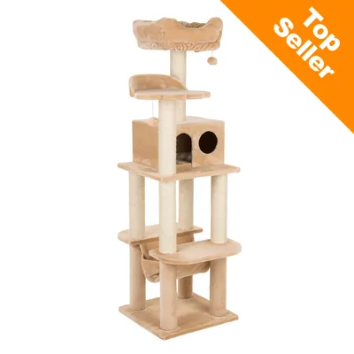 Beige multi-level cat tree with sisal posts, two platforms, hammock, enclosed cubby, top bed, and hanging pom-pom toys. Orange corner banner reads 'Top Seller'.