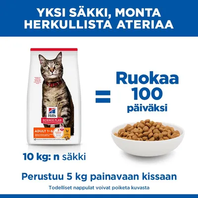 Hill's Science Plan Adult 1-6 -kissanruoka, 10 kg:n säkki riittää 100 päiväksi 5 kg painavalle kissalle. Kuvassa näkyy ruokasäkki ja kuppi, jossa on kuivaruokaa. Hill's Science Plan Adult 1-6 -kissanruoka, 10 kg:n säkki riittää 100 päiväksi 5 kg painavalle kissalle. Kuvassa näkyy ruokasäkki ja kuppi, jossa on kuivaruokaa.