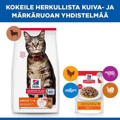 Hill's Science Plan Adult 1-6 kuivaruoalla, jossa on lammasta, ja märkäruoalla, jossa on kananpalasia kastikkeessa, näkyvät symbolit lampaalle, kanalle, naudalle, kalalle ja kalkkunalle.
